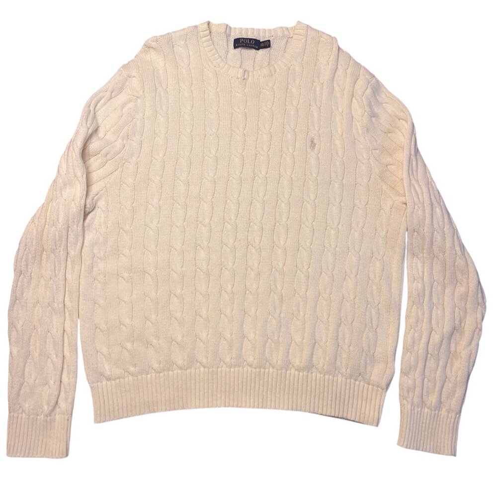 Polo Ralph Lauren Men's Crewneck Cream Cable Knit Sweater Size XLG 100% Cotton.